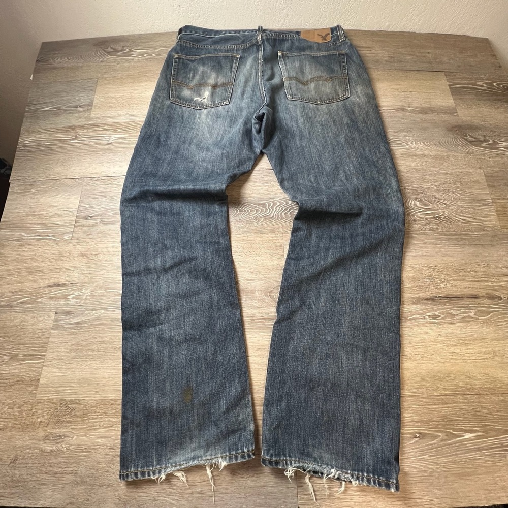 American Eagle Original Straight Jeans Mens 34x32 Blue Distressedβ Frayed Denim